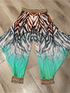 Boho Zebra-Print Harem Pants in Teal Ombre
